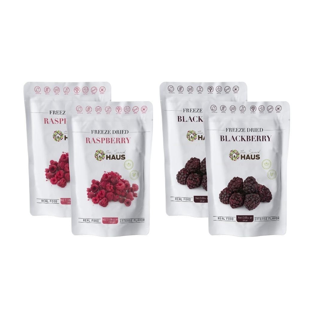 The Snack Haus 2 Packs of Freeze-Dried Blackberries 0.88 Oz & 2 Packs of Freeze-Dried Raspberries 1.06 Oz| All-Natural, No Preservatives |
