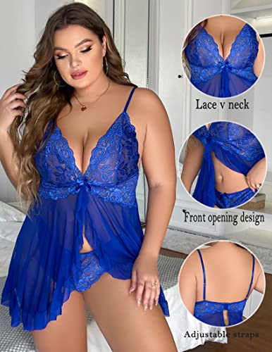 Plus Size Sexy Lingerie for Women Lace Babydoll Floral Mesh Ruffle Sheer Nightgown V Neck Chemise Sleepwear2