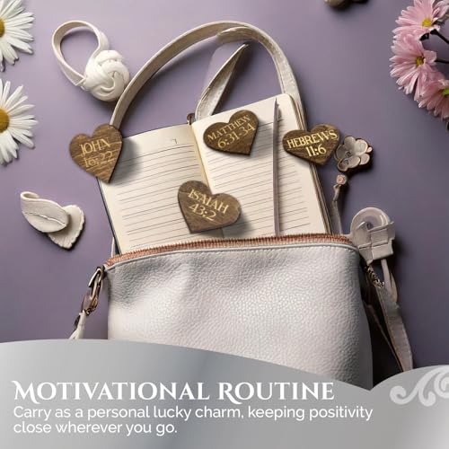 Image of Biblical Affirmation Wood Cutouts | 72 Unique Laser Engraved Wood Hearts with Bible Verse Passages | Includes Desktop Affirmation Holder | Daily Religious Prayer Gift