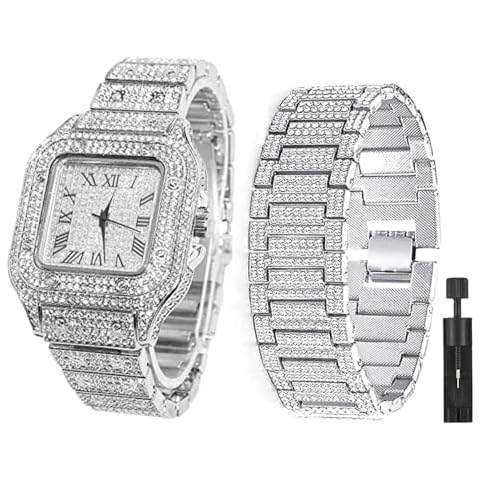 Apzzic Diamond Watch Iced Out CZ Cuban Link Watch Gold Plated Square Dial Quartz Wristband Analog Wrist Watch for Men Women Silver Color Cover