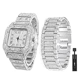 Apzzic Diamond Watch Iced Out CZ Cuban Link Watch Gold Plated Square Dial Quartz Wristband Analog Wrist Watch for Men Women Silver Color