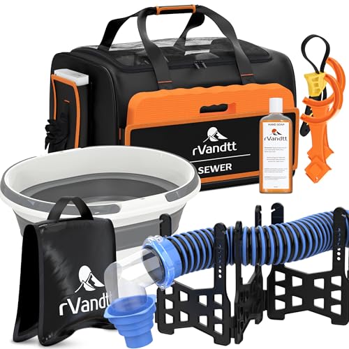 Image of RV Sewer Accessories Kit - 15ft Sewer Hose w /Clear Elbow, 4in1 Adaptor, Support, Collapsible Bucket, Gloves, Hand Cleaner, Wrenches, Kneeling Pad, Weight, Custom Bag