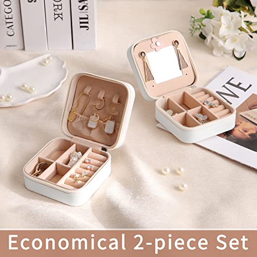Misaya Travel Jewelry Organizer Box 2 Pcs, Small Travel Jewelry Storage Case With Mirror, Mini Pu Leather Jewelry Holder Boxes For Earrings, Rings, Necklaces, Gift For Women, Girls, Mother, Off White #TOP1