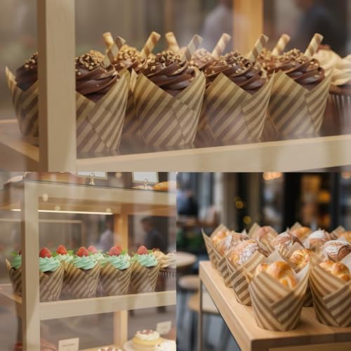 Image of 200 Pieces Tulip Cupcake Muffin Liners Greaseproof Paper Baking Cups Cupcake Wrappers for Birthday Wedding Party Baby Showers Catering Restaurants(Stripe Khaki)