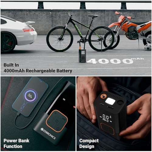 Image of Zebronics Cordless Tyre Inflator, 150 PSI, 4000mAh, Super Fast Inflation, Power Bank, Type-C, Digital Display, Flashlight, SOS Mode, Multiple Nozzles, for Car, Bike, Bicycle, Sports Balls (17TI4)