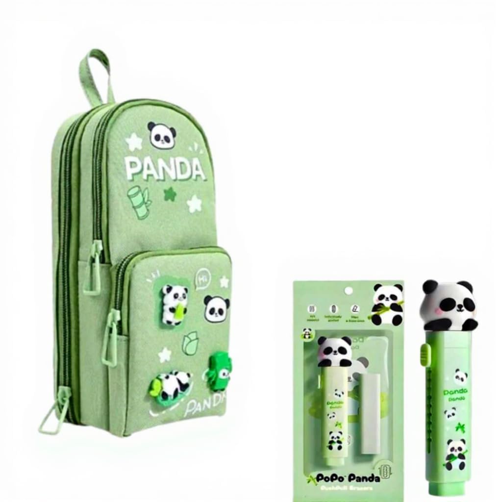 Panda 3-Layer Big Capacity Pencil Case for Kids with Free Panda Push-Pull Eraser | School Bag Shape 6-Layer Storage Pencil Pouch | Cute Cartoon Stationery Organizer (Green Panda)-image-31