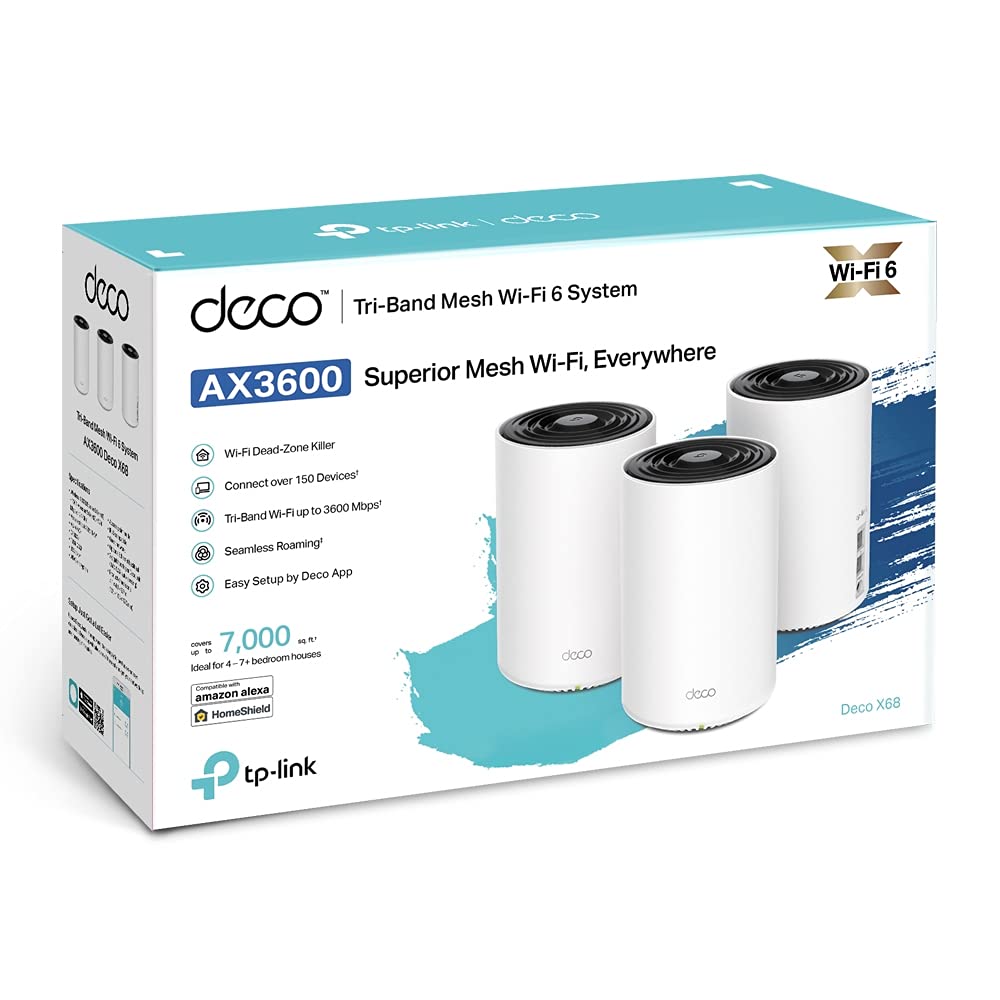 TP-Link Deco BE68 Wi-Fi 7 Mesh WLAN Set(3er Pack) BE14000 Tri-Band, 8 Streams, MLO, 1×10G Ports + 1×2,5G Port + 1×Gigabit Port, USB 3.0, empfohlen für Häuser mit 4-6 Schlafzimmern