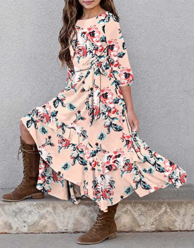 KYMIDY Girls Floral Maxi Dress Kids 3/4 Sleeve Boho Casual Pocket Ruffle Swing Dresses with Belt for Girls 6-12 Years2