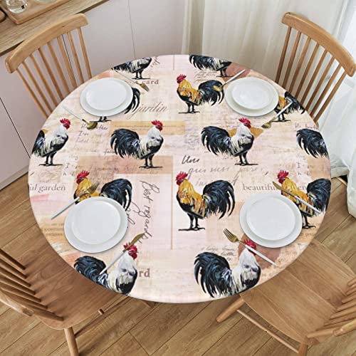 Mantel redondo vintage de gallo con borde elástico ajustable para mesas de hasta 45 a 50 pulgadas de diámetro
