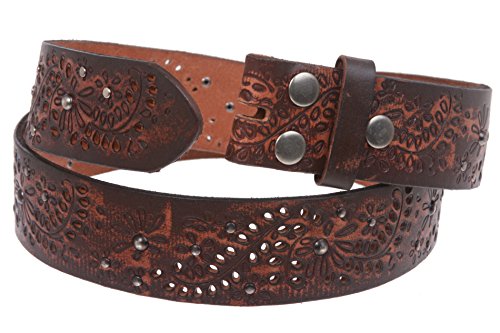 1 1/2" Snap On Embossed Vintage Cowhide Full Grain Leather Floral Rivet Perforated Casual Belt4