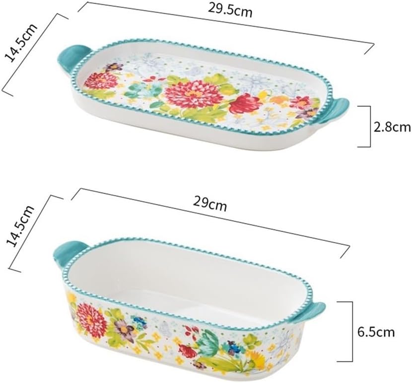 Baking Dishes Colorful Hand-Painted Floral Double-Handled Baking Pan with Lid Rectangular Tableware Cheese Baked Rice