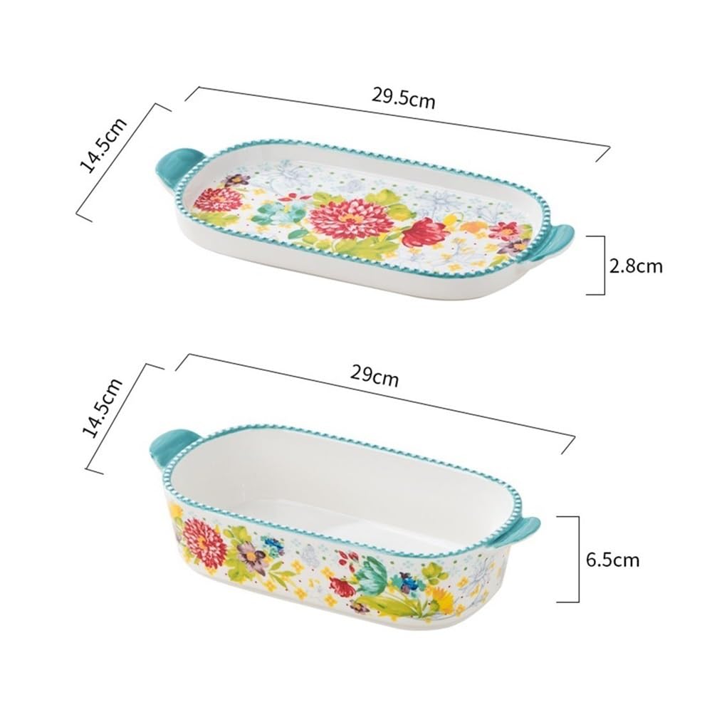 Backform Bunte, handbemalte, florale Backform mit zwei Griffen und Deckel, rechteckiges Geschirr, Käse-Reis-Auflauf