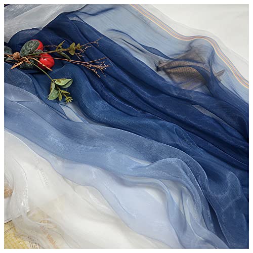 Tejido de gasa, Tela crepé de gasa 140cm ancho, vendida por metro, multicolor for falda y ropa(Ink Blue Gradient White)
