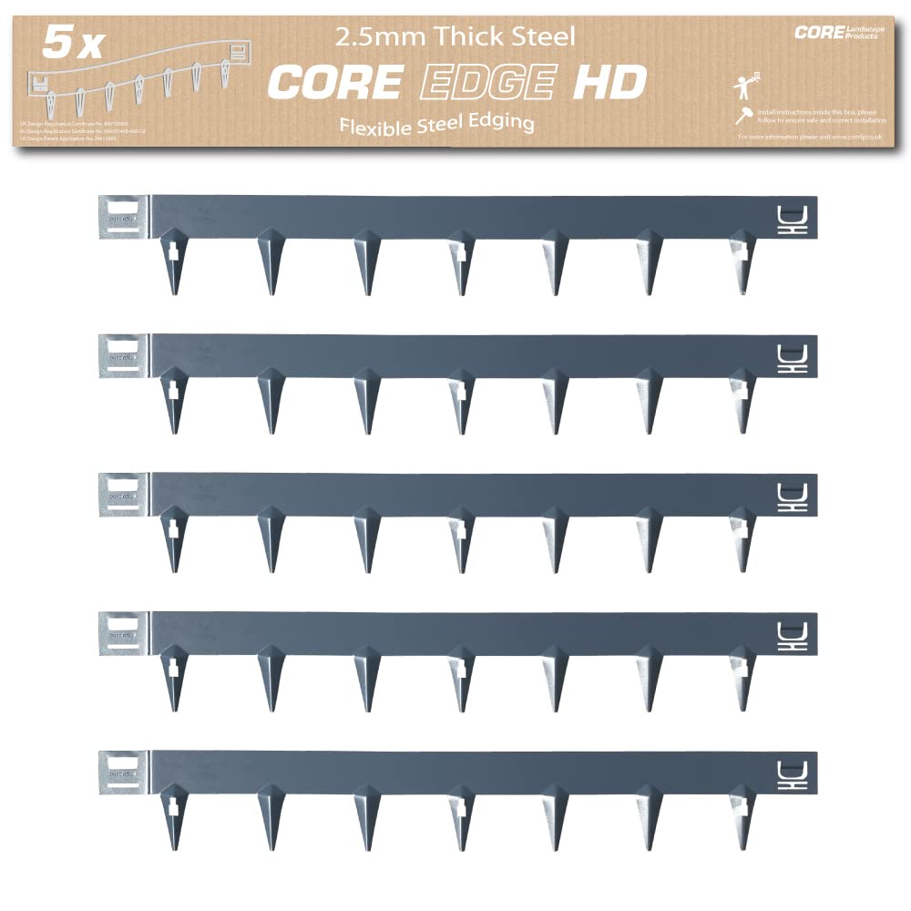 CORE Edge Heavy Duty Lawn Edging| Flexible Decorative 2.5mm thick Steel Garden Lawn Edging in 65mm Fascia | 5x 1m, 5 Linear Metres (Anthracite, 65mm)