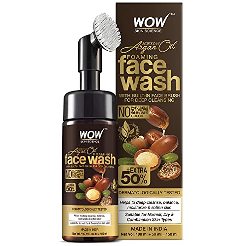 WOW Skin Science Moroccan Argan Oil Foaming Face Wash with Built-in Brush - contains Argan Oil & Aloe Extracts - for Dry to Normal Skin - No Parabens, Sulphate, Silicones & Synthetic Color - 100mL