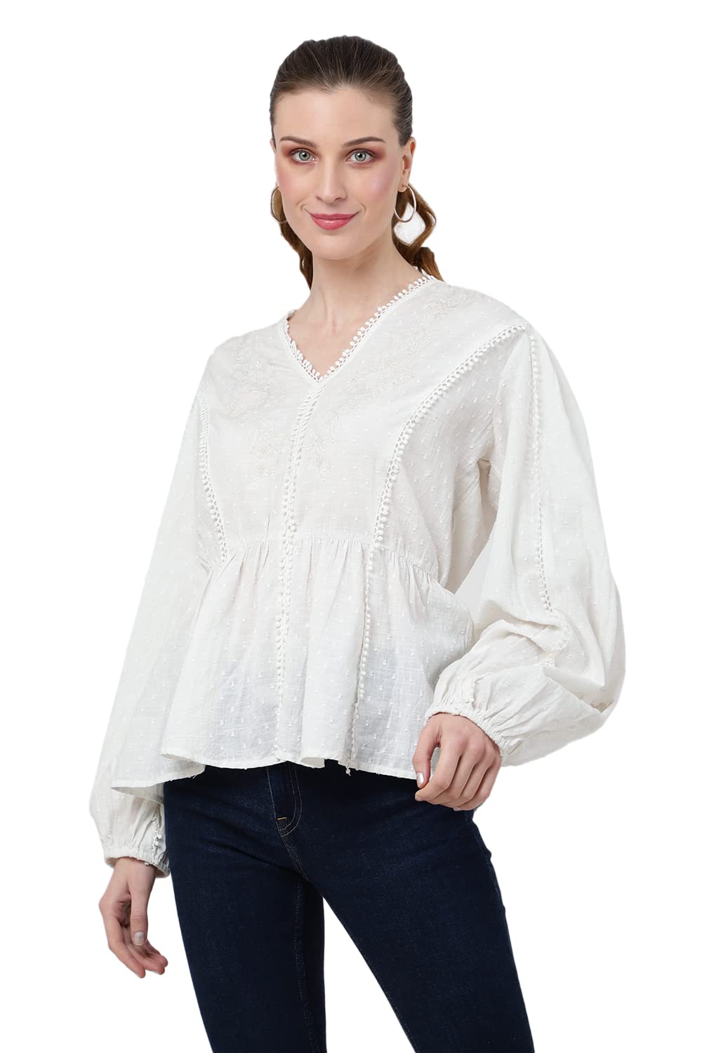 Miss Lavish London Peplum Tops for Women - Tops élégants et Chics à col en Vfemme - 101-Blanc cassé, Moyen