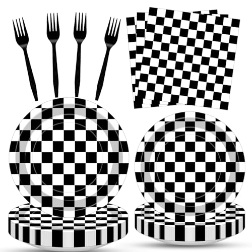 100 Pcs Racing Checkered Party Supplies Set Serves 25 Disposable Black and White Checkerboard Paper Plates Napkins and Forks Race Car Themed Tableware for Birthday and Racing Table Decorations