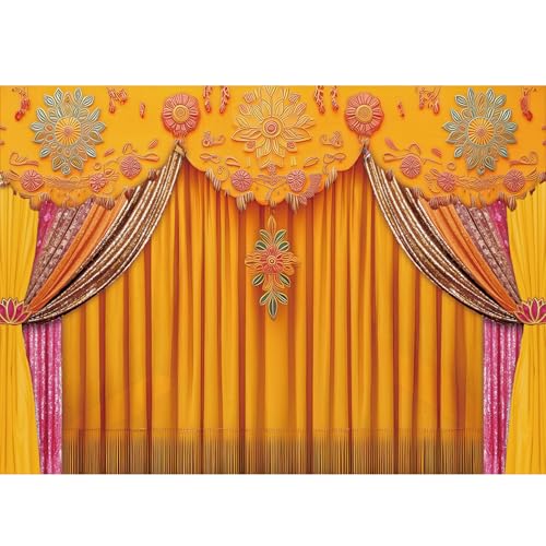 Image of Indian Backdrop 7x5ft India Pooja Marigold Yellow Curtain Photography Background for Wedding Diwali Traditional Festival Party Decorations