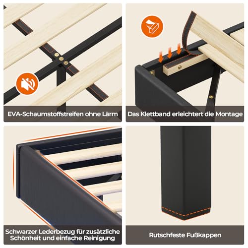 DICTAC Bett 140x200 mit Verstellbarer Beleuchtung,Bettgestell 140x200 mit weicher Polsterung, Floating Bed Frame, Gepolstertes Jugendbett für Schlafzimmer, Gästezimmer, Leichte Montage, Schwarz