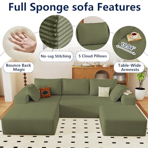 Image of 96 inch Modular Sectional Sofa with Ottoman, Modern Corduroy Cloud Couch with Deep Seat, Boneless Couch Upholstered 3-Seater U-Shaped Sofa for Living Room, No Assembly (Green, Left-Facing Chaise)