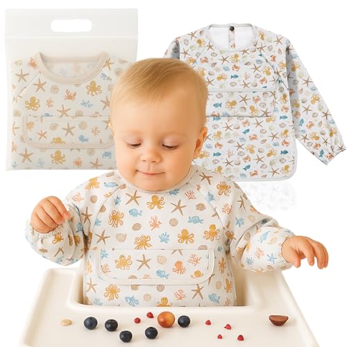 Weakup10 Babero Con Mangas Impermeable | 6-36 Meses | Baberos Bebe Impermeables | Fácil De Limpiar | Regalo Para Bebe | Bolsillo Delantero | Océano