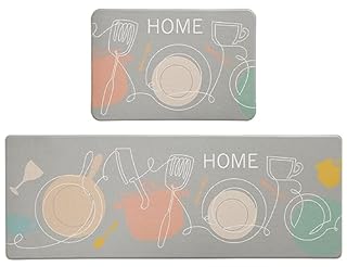 Decoly Standing Kitchen Mats - 2-in-1 Waterproof Anti-Fatigue Kitchen Mat - Kitchen Floor Mat Set with Non-Slip Leather Surface - Non-Skid Kitchen Runners (Colorful Grey, 40x60cm + 45x120cm)