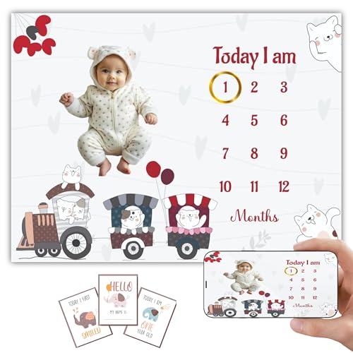 Image of Baby Monthly Milestone Blanket | 1-12 Months | Soft All-Season AC Blanket | Ideal for Newborn Boys & Girls | Perfect Growth Tracker & Photoshoot Prop with Animal Train | 120x90 cm