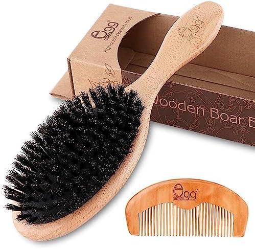 BLACK EGG Boar Bristle Hair Brush for Women Men Kid, Soft Natural Bristles Brush for Thin and Fine Hair, Restore Shine and Texture, Set includes Bamboo comb and 3 hair ties
