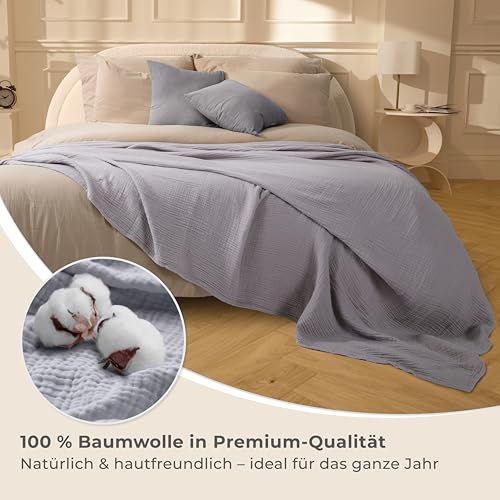 LAYNENBURG Premium Musselin Tagesdecke 220x240 cm XXL - 100% Baumwolle - extraweiche Baumwolldecke als Kuscheldecke, Bett-Überwurf, Sofa-Überwurf, Couch-Überwurf - warme Sofa-Decke (Grau)
