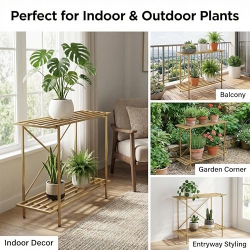 Image of ecofynd Eric Plant Stands for Outdoor Balcony, Flower Pot Stand for Indoor Plants, Large Metal Planter Stand for Living Room, home decor, Indoor & Outdoor plants, 2 Tier, (26 Inch, PS050-GO)