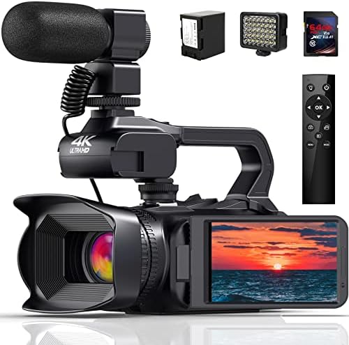 JLANDA 4K Video Camera Camcorder, 64MP 60FPS 18X Digital Zoom Auto Focus Vlogging Camera for YouTube, HD WiFi Video Camera with 4500mAh Battery, SD Card, Stabilizer, Mic, Remote Control and Fill Light