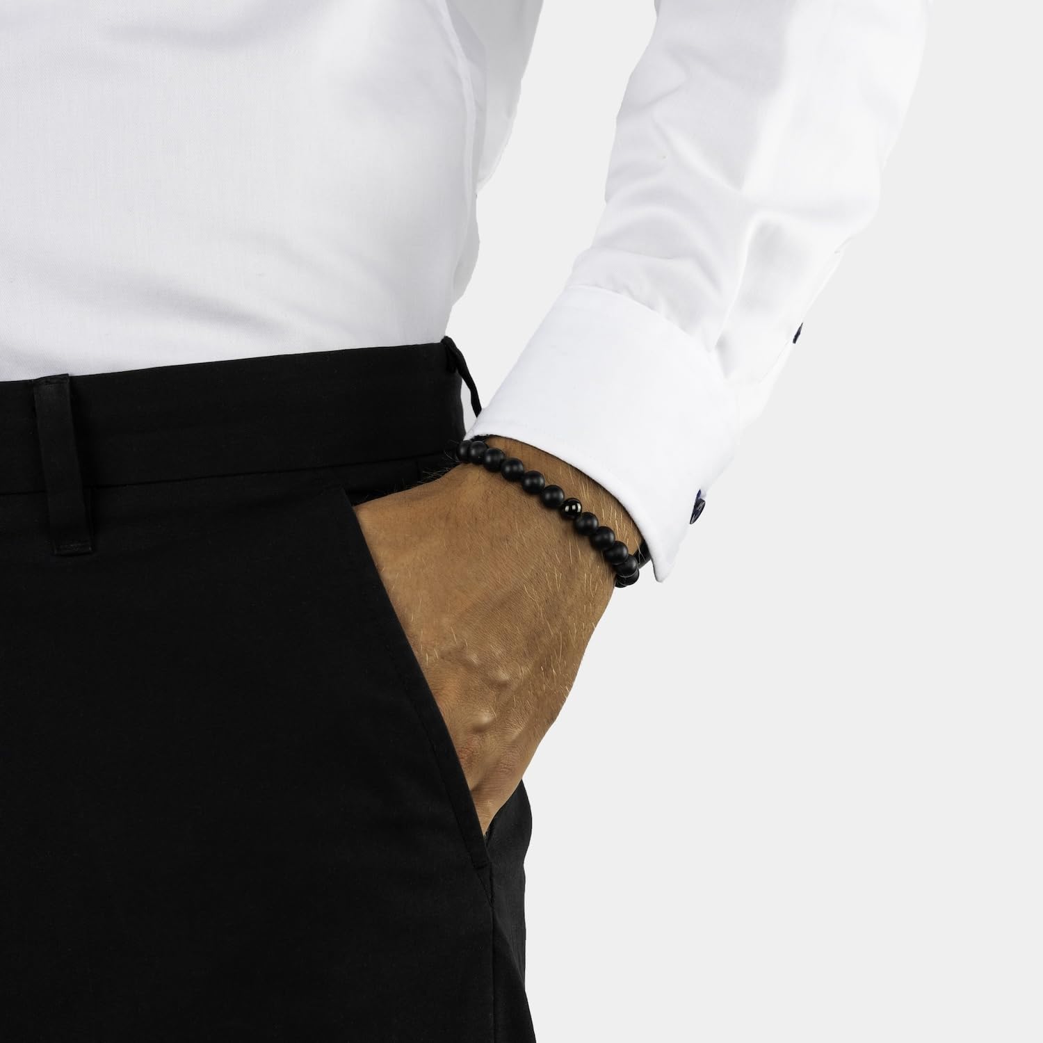 Handgefertigt in Italien | Premium Perlenarmband für Männer | Schwarzer Onyx, braunes Tigerauge oder graue Larvikit-Steinperlen | Exklusive Schmuck-Geschenkbox