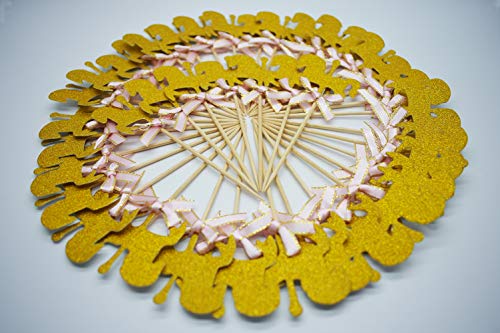 Kwjoy 40 Pieces Carousel Horse Theme Gold Glitter Cupcake Toppers And Kids Birthday Party Picks Decoration Supplies/Pink Bow #TOP3