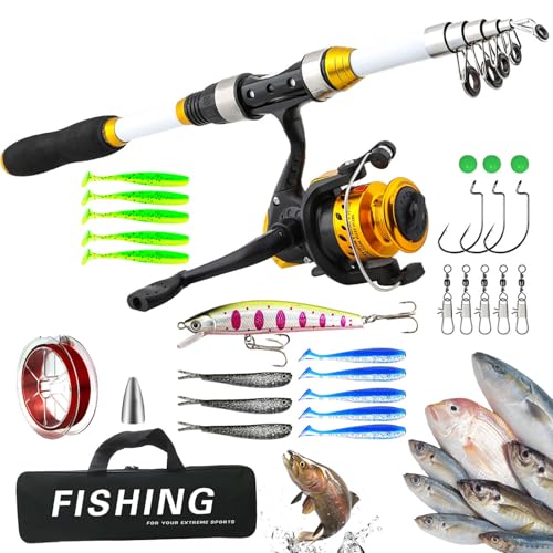 Combo de pesca | Juego de equipo telescópico con bolsa de transporte, kit de caña de pescar, para agua salada, agua dulce, hielo, surf, muelle, mar, lago, río, estanque, banco y barco