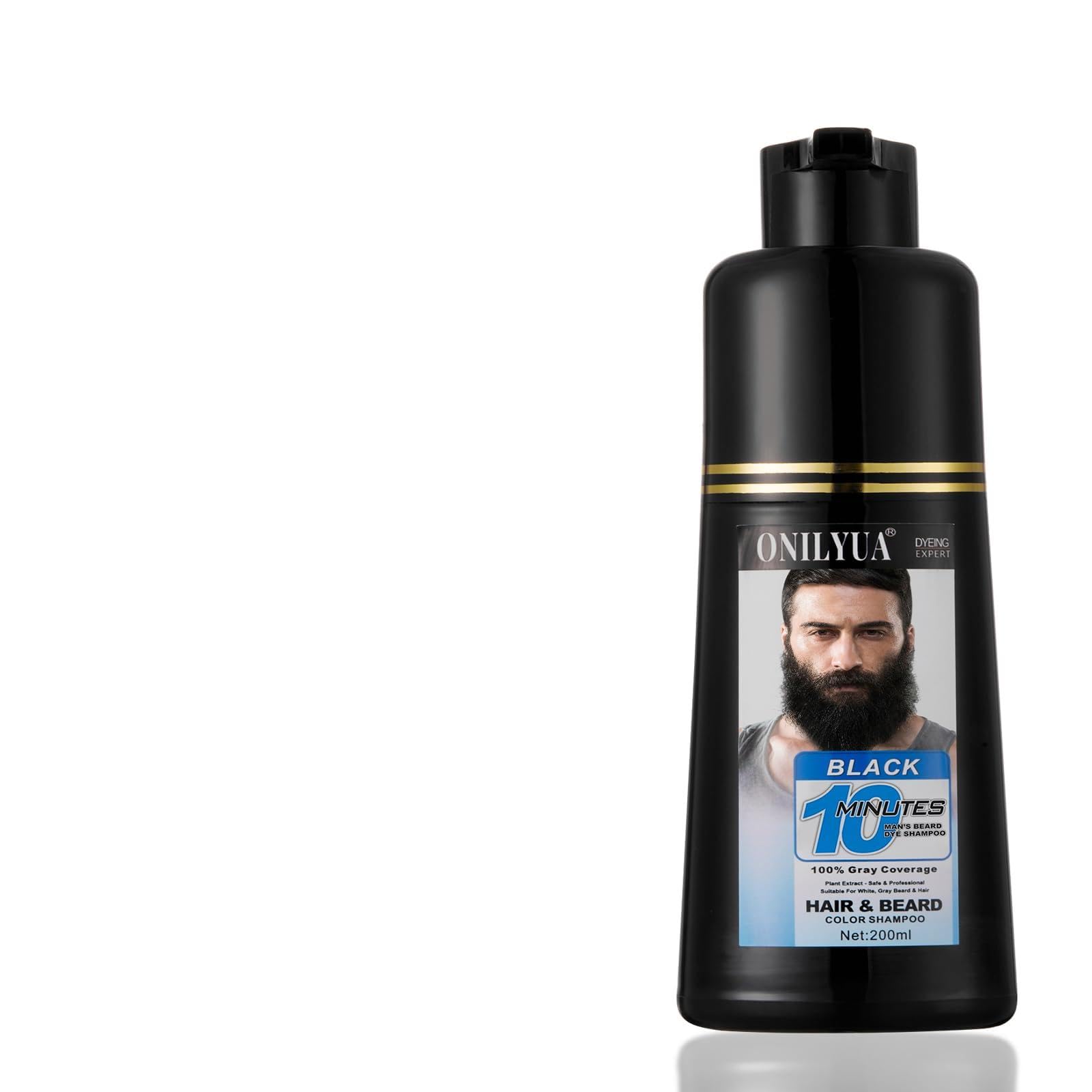 Men's 3-in-1 Black Beard & Hair Dye Shampoo, Instant Grey Darkening Beard Color Shampoo in 10 Minutes, Simpler Gray Reducing Mustache & Beard Dye for Men, with Plant Extract for Healthy Facial Hair