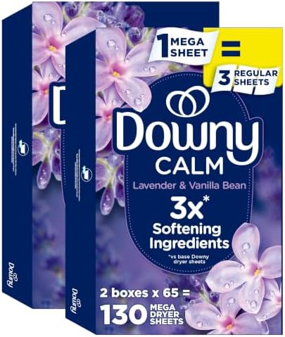 Downy Infusions Mega Dryer Sheets, Laundry Fabric Softener, CALM, Lavender and Vanilla Bean, 130 Count