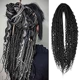 Pouweney 24 Inch 3 In 1 Dreadlock Extensions Sets, 30 Strands Mixed Black Synthetic DE Dreads Extensions, 100% Handmade Soft Double Ended Curly Boho Wavy Dreads for Girls