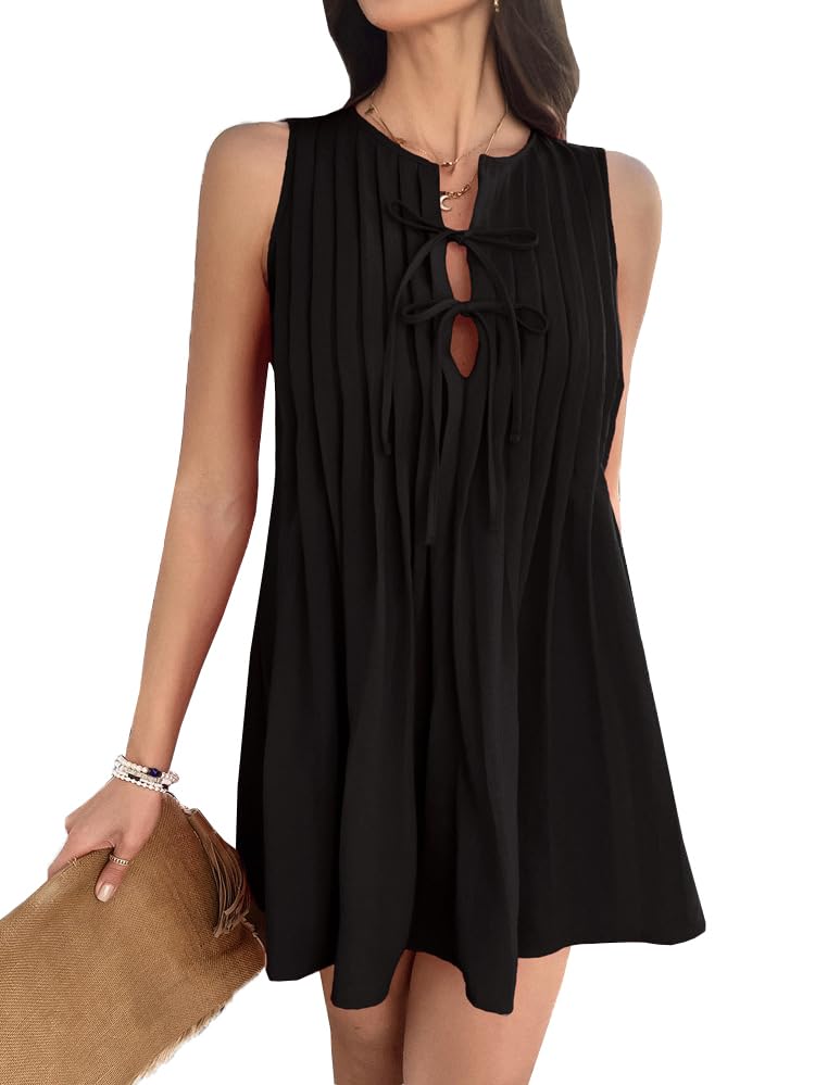 Krumba Women Summer Pleated Dress: Sleeveless Keyhole Tie Front Mini – Casual for Ladies 25-35 Vacation Beach Party Wedding