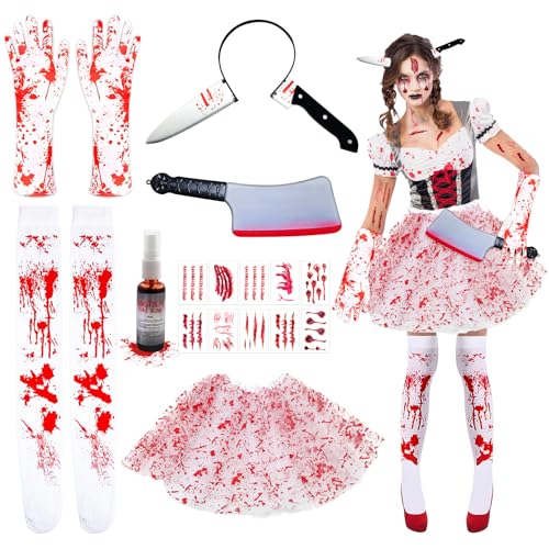 Blut Kostüm Damen Set, Halloween Blut Tutu mit Strümpfen, Handschuhen und Kunstblut Spray, Haarreif und Messer Spielzeug, Halloween Tattoo Narben