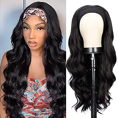 Isaic Headband Wigs for Women Long Wavy Headband Wig Glueless Synthetic Black Wig with Headband Heat Resistant 22 Inch