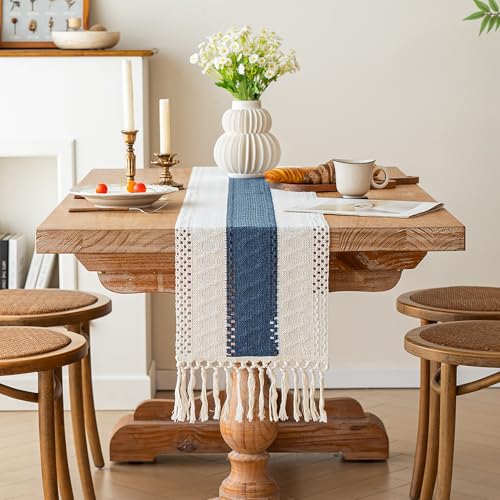 Image of FEXIA Boho Blue Table Runner 60 Inches Long with Tassels Macrame Farmhouse Summer Style Graduation Party Rustic Wedding Baby Shower Dining Kitchen Living Room Decor (12x60 Inches)