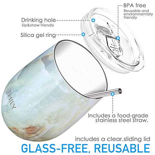 THILY Stemless Wine Tumbler Vacuum Insulated 350 ml Triple-Insulated Stainless Steel Wine Glass with Lid, Straw - Image 3