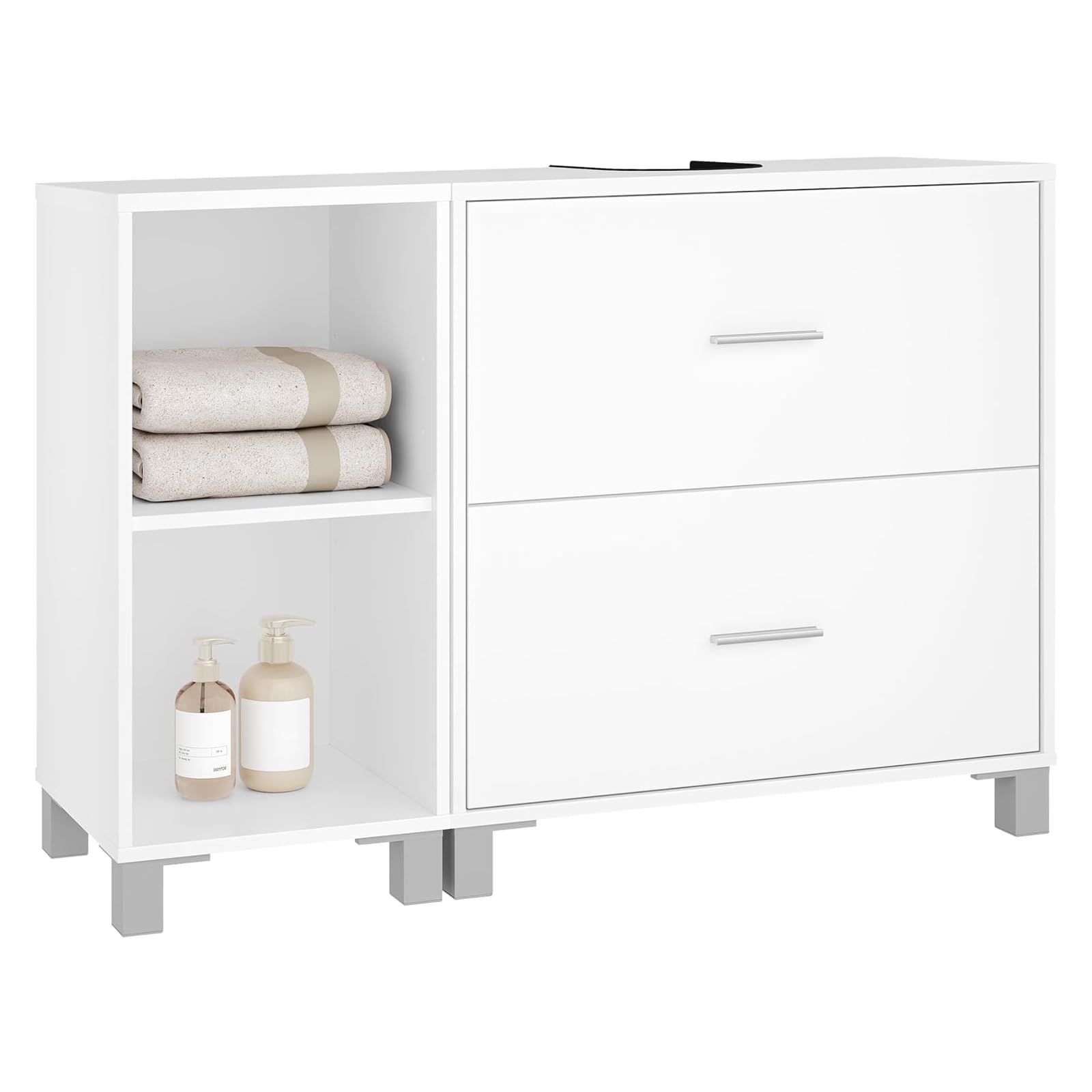 eSituro Armario de Baño de Pie, Mueble Bajo Lavabo con Cajones, Mueble Auxiliar de Baño, Estante Ajustable, Recorte Sifón 14,5 * 20 cm, Blanco