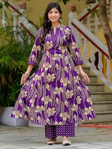 Image of Yash Gallery Women's Pure Cotton Purple A-Line Botanical Print Kurta Plazo Dupatta Set | Ethnic Indian Wear Kurti Set for Festive, Casual & Office Wear | Soft Comfortable Fabric
