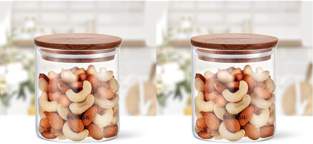 Borosil 600 ml Classic Storage Jar with Wooden Lid |Made in India Borosilicate Glass Dishwasher Safe Container for Kitchen |Multipurpose Kitchen Organizer for Cookie, Spices, Grains & Dals (Pack of 2)