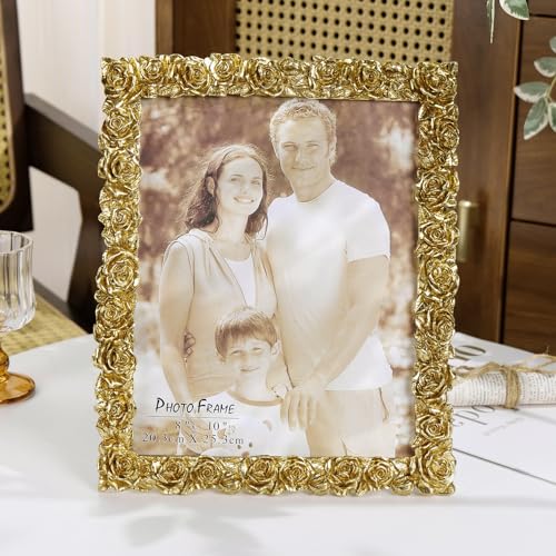 8x10 Picture Frame Vintage, Gold Ornate Rose Flower Resin Photo Frame with Glass Front for Tabletop, Antique Picture Frames for Home Decor
