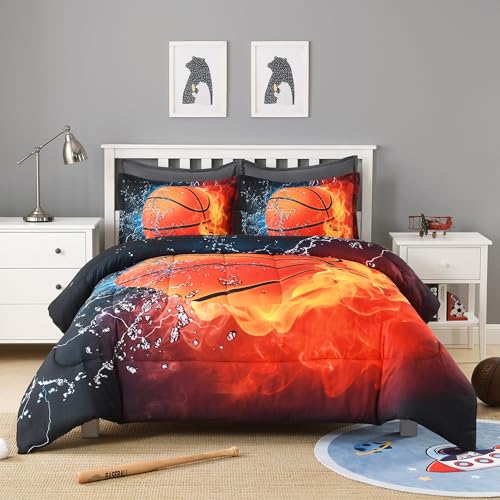 Image of Andency Basketball Comforter Queen(90x90 Inch), 3 Pieces(1 Basketball Comforter, 2 Pillowcases) Sport Microfiber Comforter Set Bedding Set for Kids Boys Girls Teens