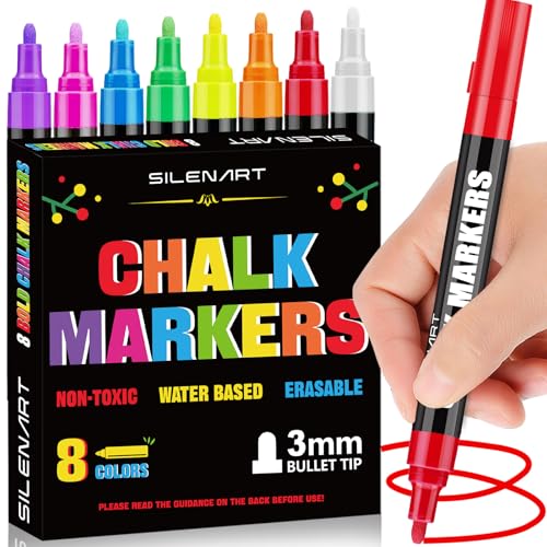 SILENART Liquid Chalk Markers - 8 Vibrant Colors - Chalkboard Markers for Blackboard Glass Window Car Dry Erase Board Acrylic Calendar Board Whiteboard- Wet Erase