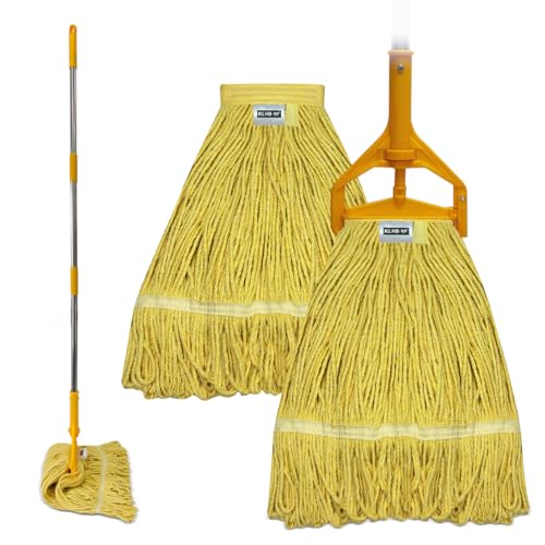 Image of Commercial Cotton Mop Heavy-Duty Industrial with 2 Replacement Heads 152 cm Handle Replacement mop Head (Yellow)