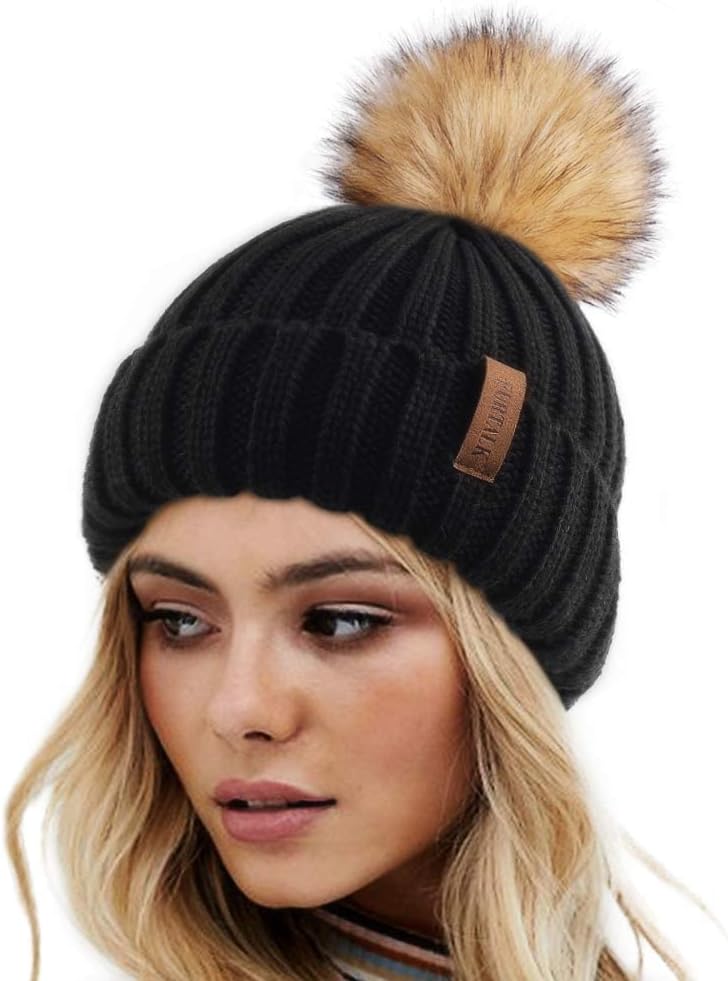 Winter Hats for Women Double Layer Fleece Line Beanie Hat with Bobble Pom Pom Hats